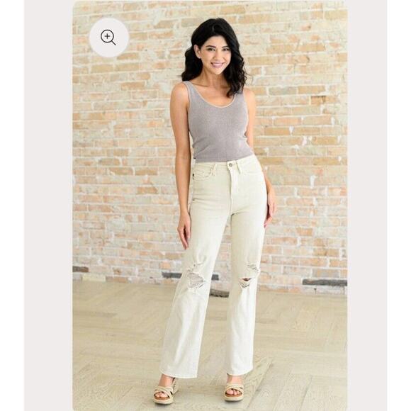 NWT Judy Blue Jeans Women 15 32 Cream Bone High Rise Distressed 90s JB88823 C-CO - Picture 2 of 16